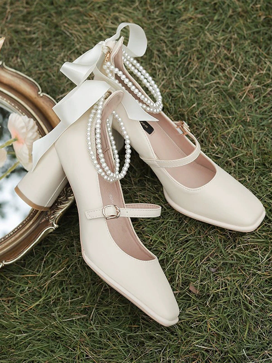 Square Toe Block Heels Mary Jane Pumps with Double Layered Pearls Chain