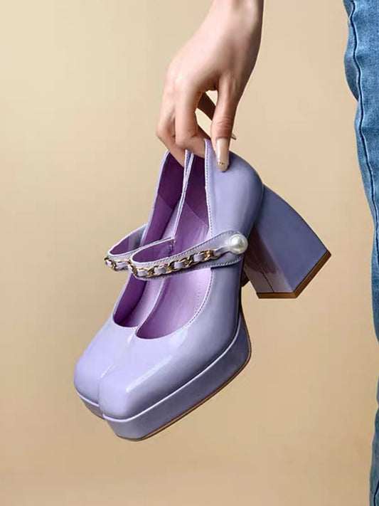 Metal Chain Pearl Chunky Heel Mary Jane Pumps