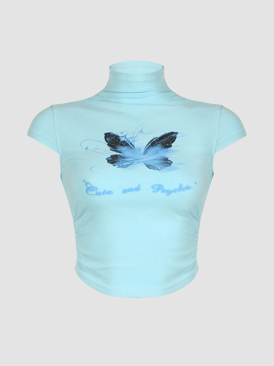 Midi Neck Butterfly Prints Short Sleeve Top
