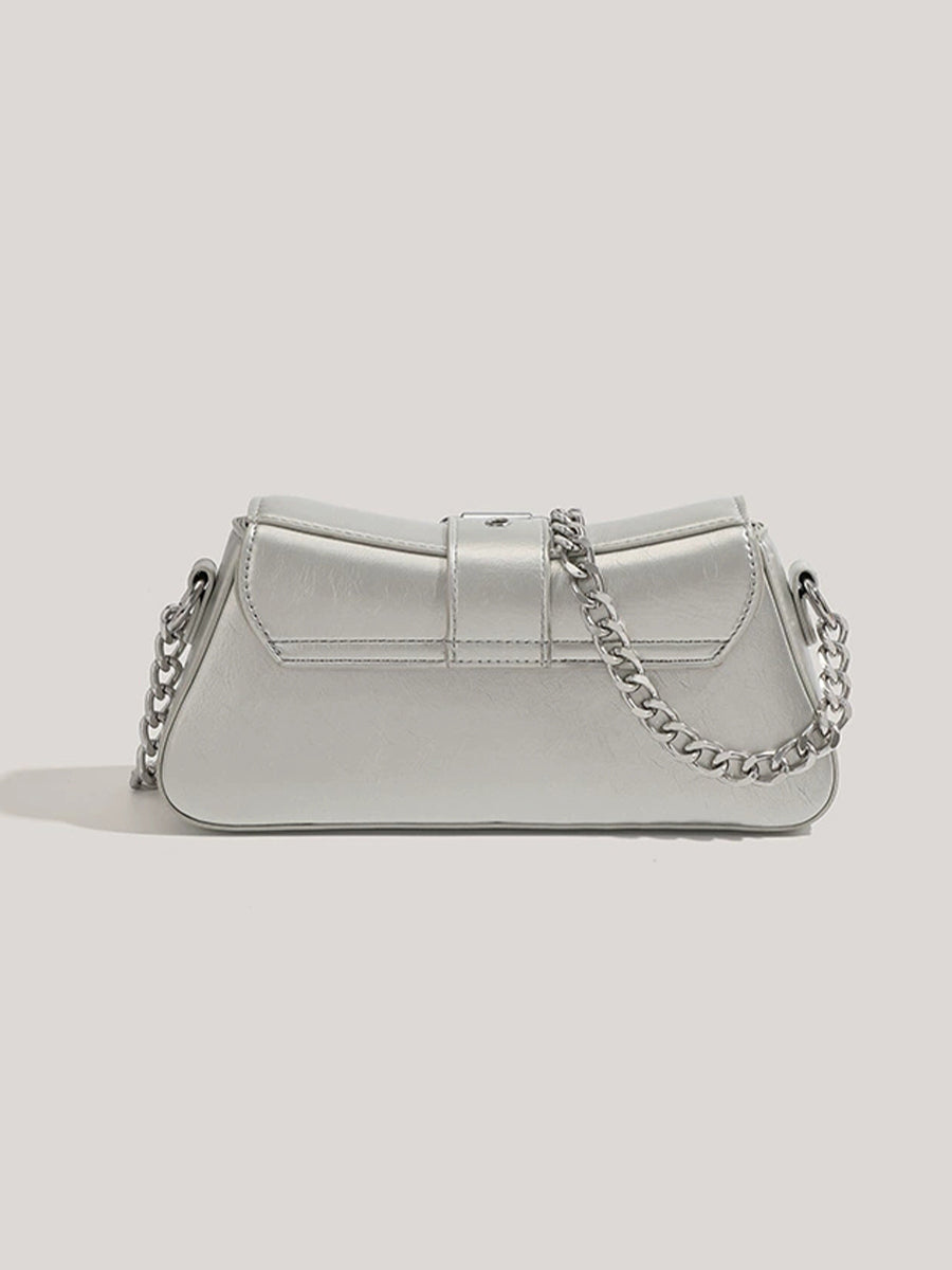 Solid Color Patent Leather Chain Baguette Bag