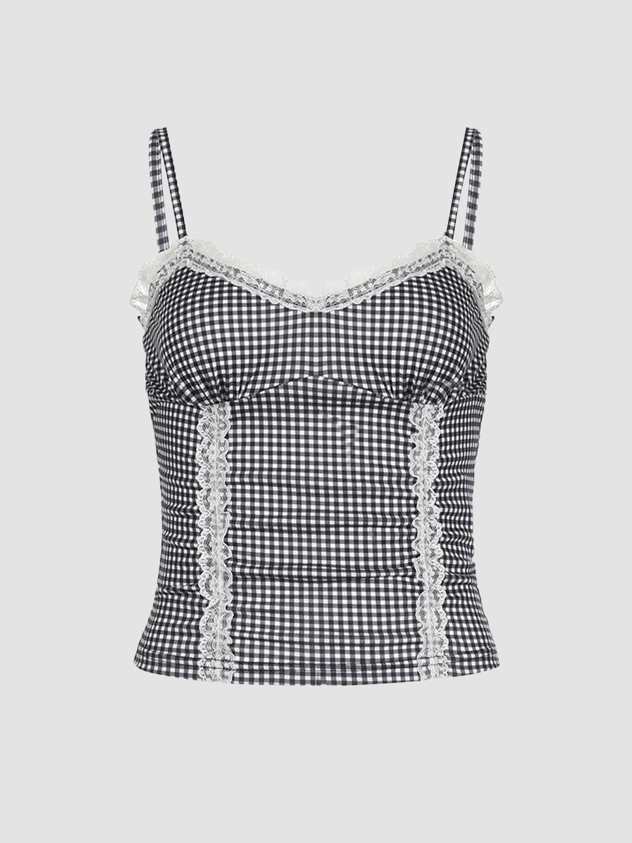 Lace Spliced Black and White Plaid Camisole Top