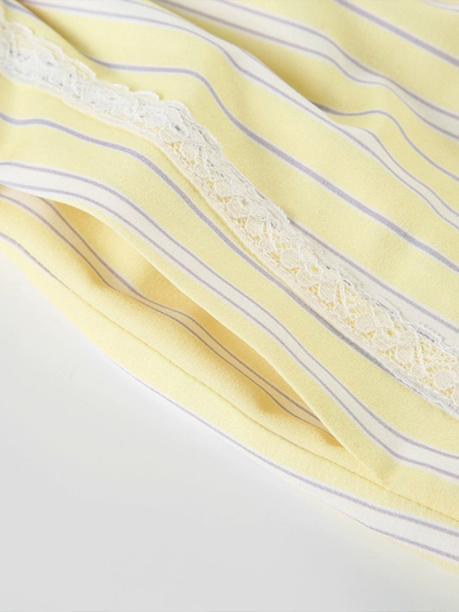 Yellow Striped Elastic Lace Trim Shorts