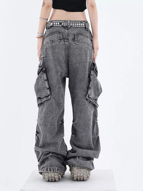 Gray High Rise Wide Cargo Jeans Pockets Pants