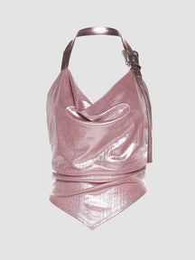Pink Grey Shiny Leather Buckle Halter Top