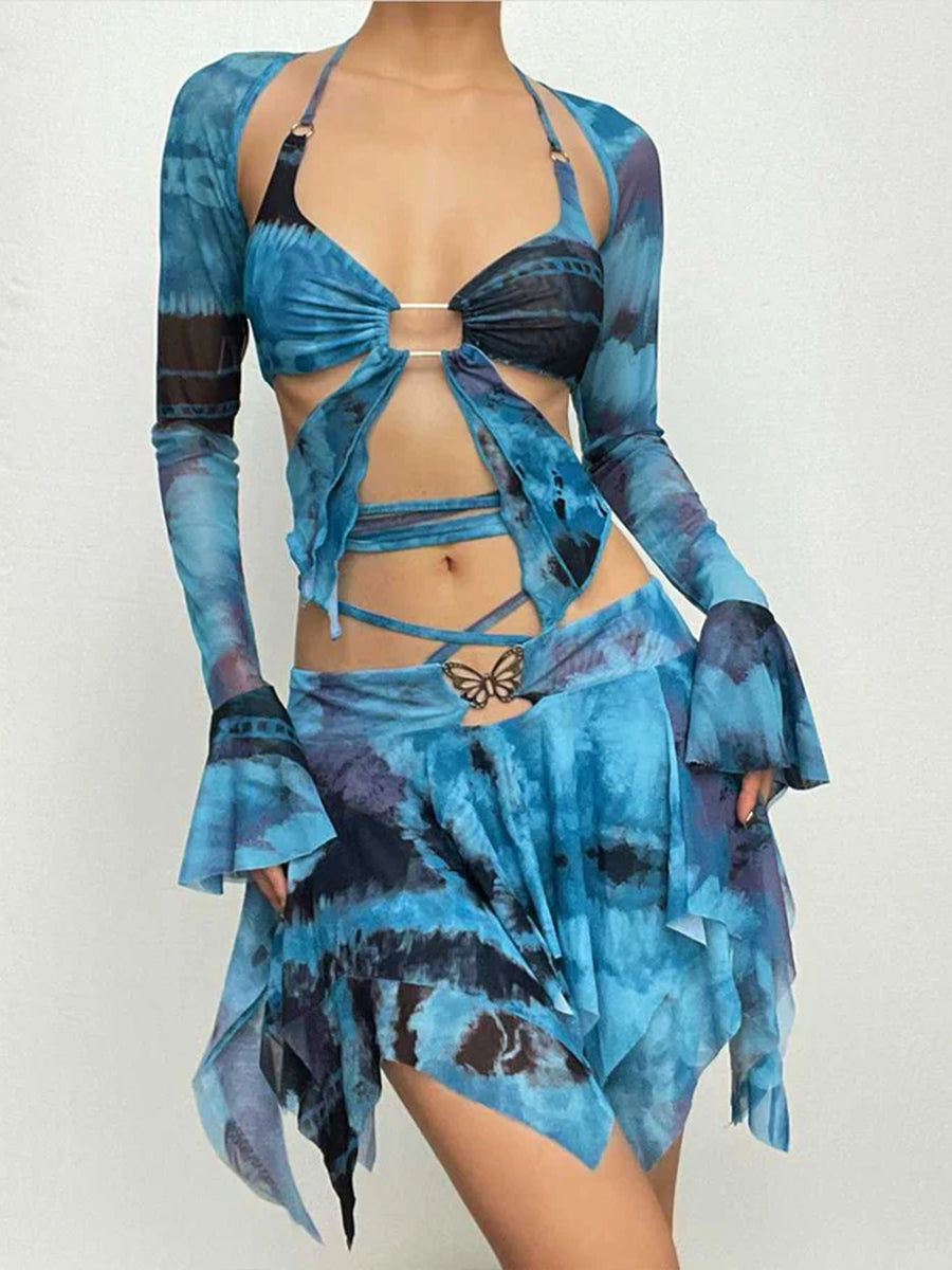 Flared Sleeve Tie Dye O Ring Self Tie Halter Low Cut Mini Skirt Set