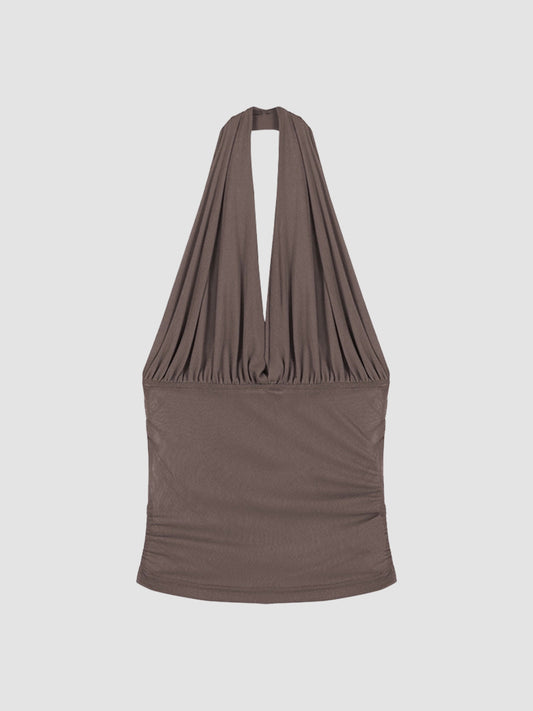 Solid Color Sleeveless Mesh Halter Top