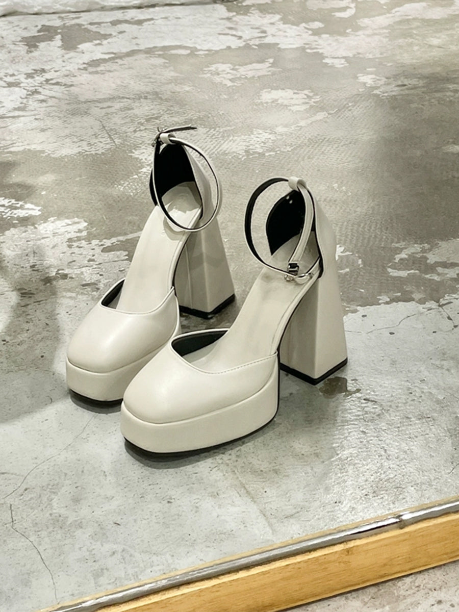 Women's Solid Color Platform Block High Heels Ankle Strap Slingback Pumps