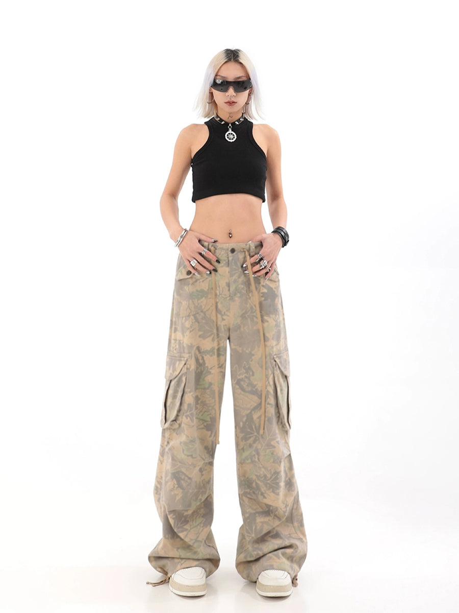 Camouflage Wide-Leg Cargo Drawstring Casual Pants