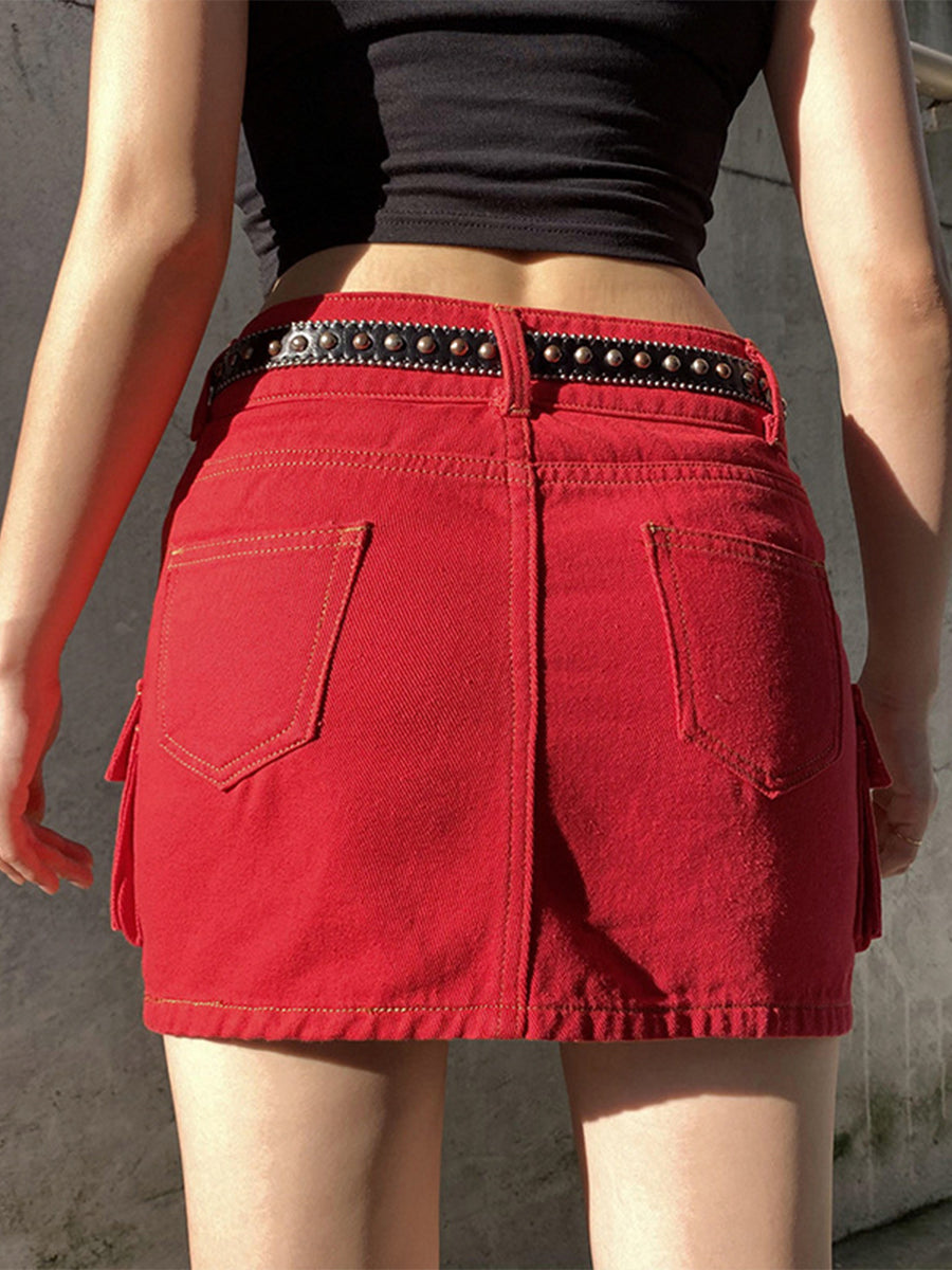 Y2K Vintage Large Pockets High Waist Slim Fit Wrap Hip Denim Skirt