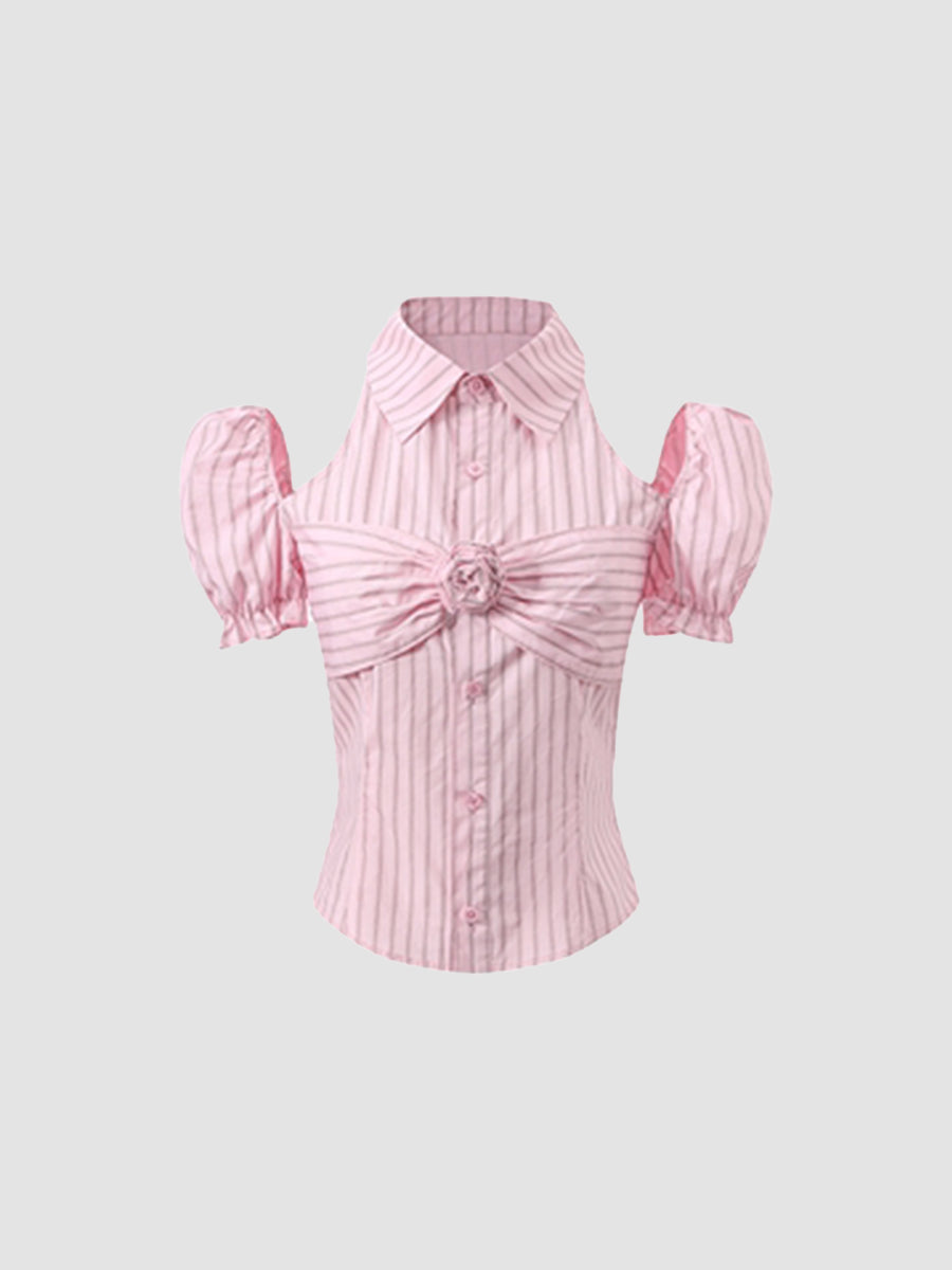Bubble Sleeve Plaid Pink Shirt Top