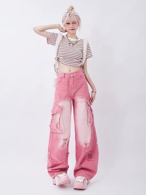 Pink Loose Long Jeans Pants