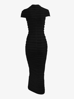 Women's Sexy Knitted See Thru Mock Neck Cap Sleeve Solid Color Midi Bodycon Dress