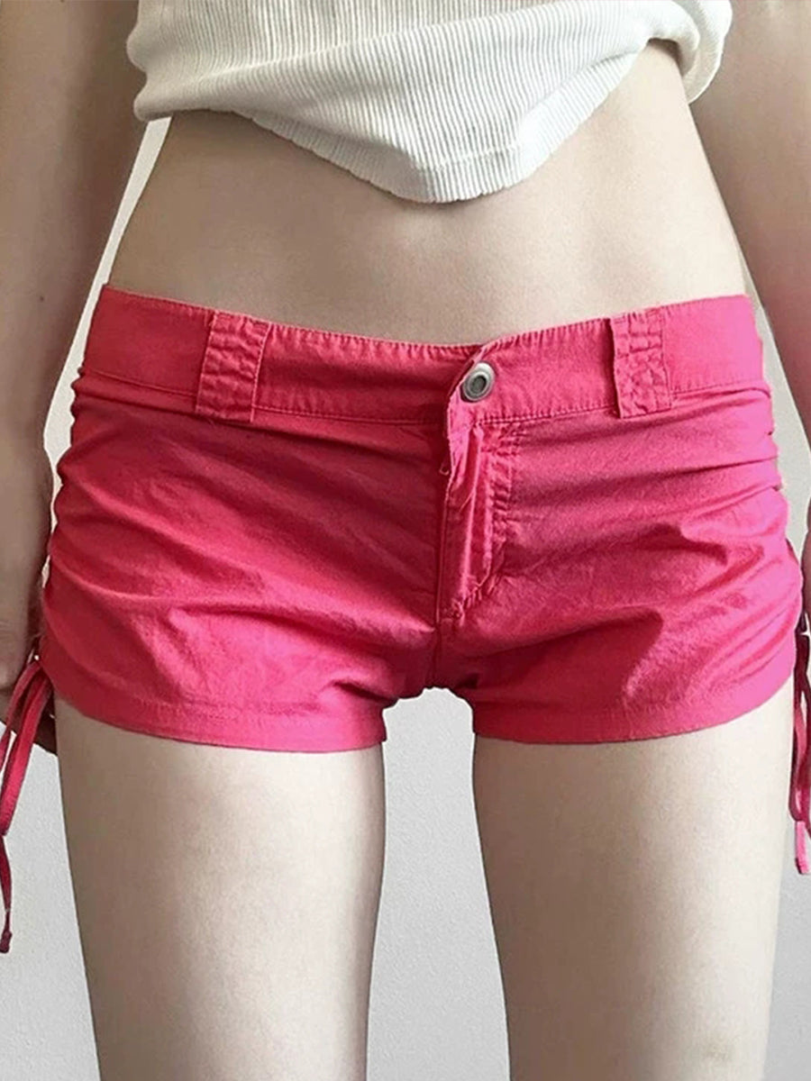 Pink Low Waisted Drawstring Ruched Tie Side Skinny Shorts