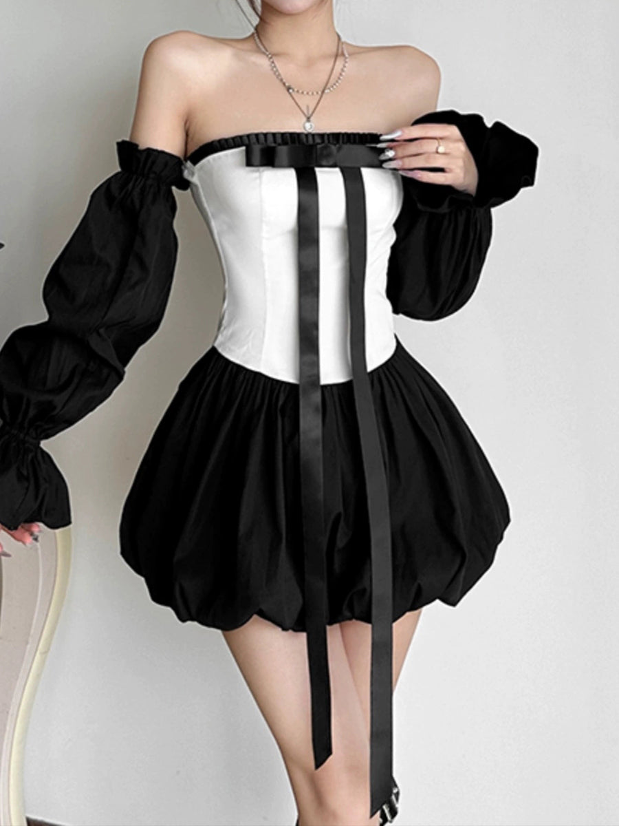 Black and White Patchwork Fluffy Hem Bow Long Sleeve Dress