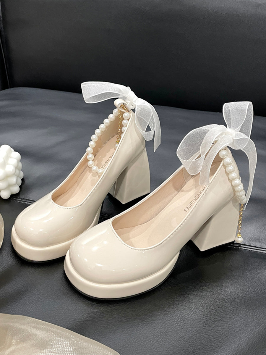 Women's Round Toe Mary Jane Heels Shoes with Double Layered Pearls Chain