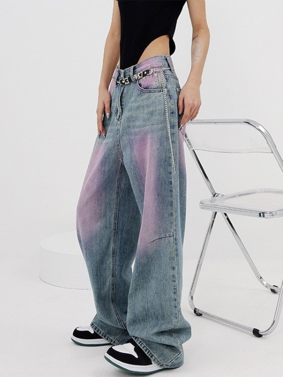 Y2K Plus Plus Loose Tie-Dye Blue Pink Color Clash High Waist Straight Long Jeans