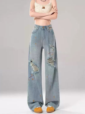 High Waisted Graffiti Pattern Ripped Denim Jeans