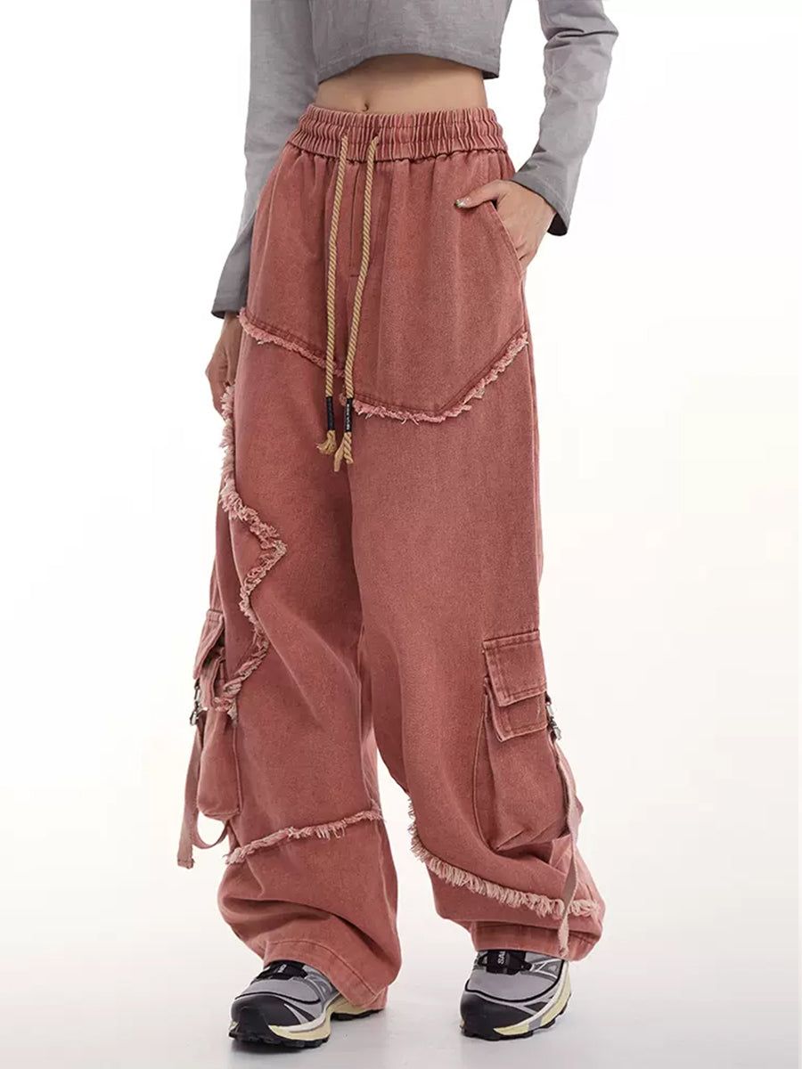 Drawstring Waist Denim Solid Color Star Worn Loose Jeans