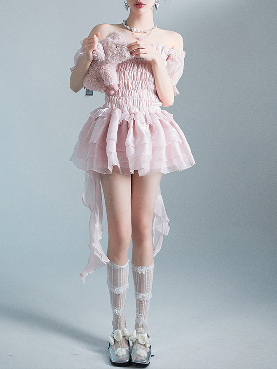 Irregular Fluffy Pink Organza Dress