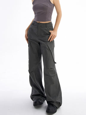 Dark Gray Straight Leg High Waist Casual Cargo Pants