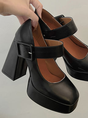 Buckle Decor Platform Chunky Heel Mary Janes Pumps Shoes