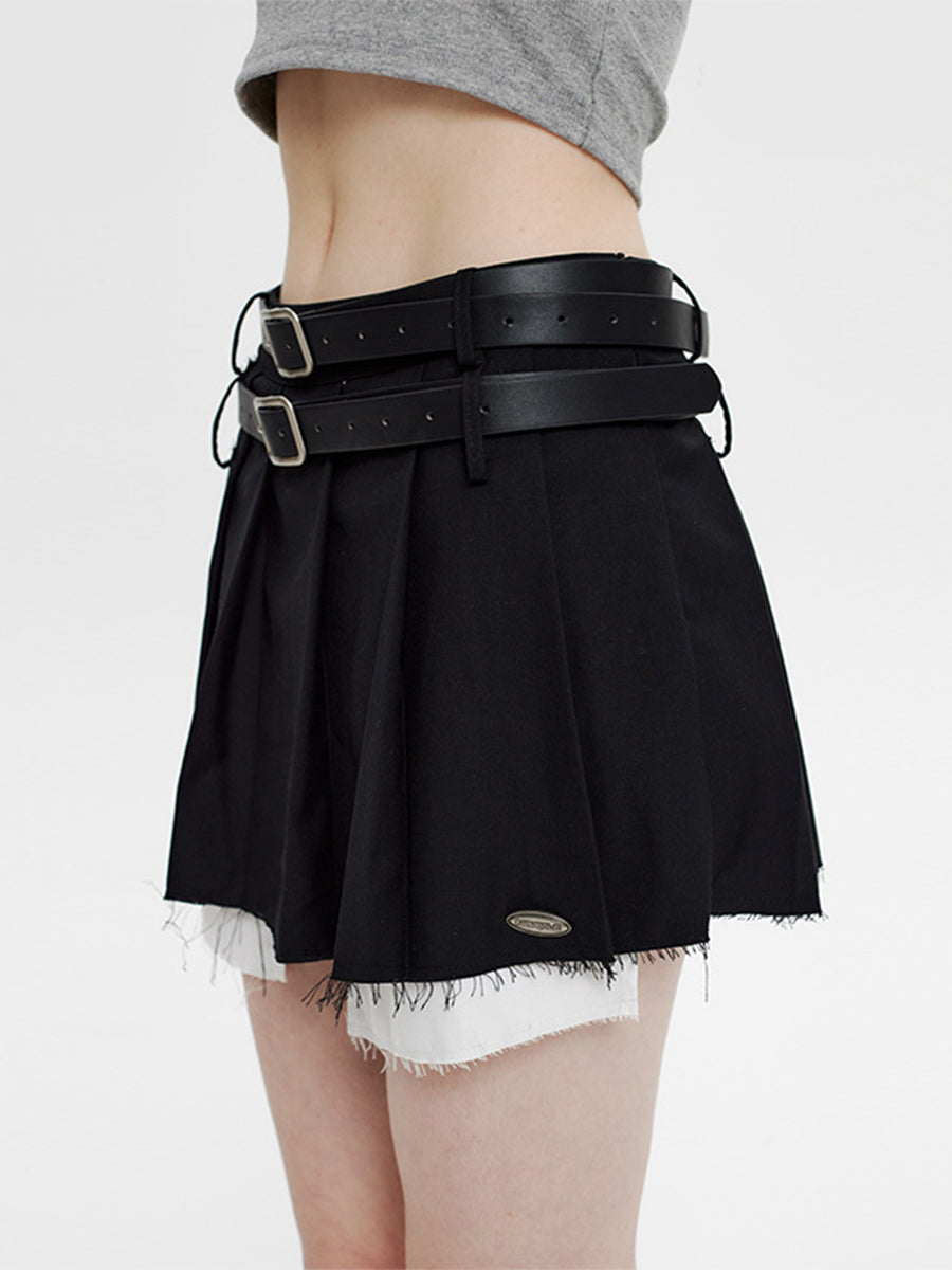 Fake Two Piece Belt Pleated Skirt