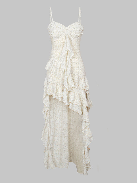Floral Apricot Ruffle Irregular Long Dress