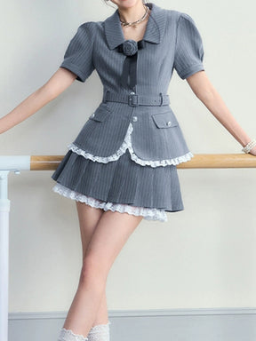 Striped Gray Top + Pleated Skirt with Tie Set