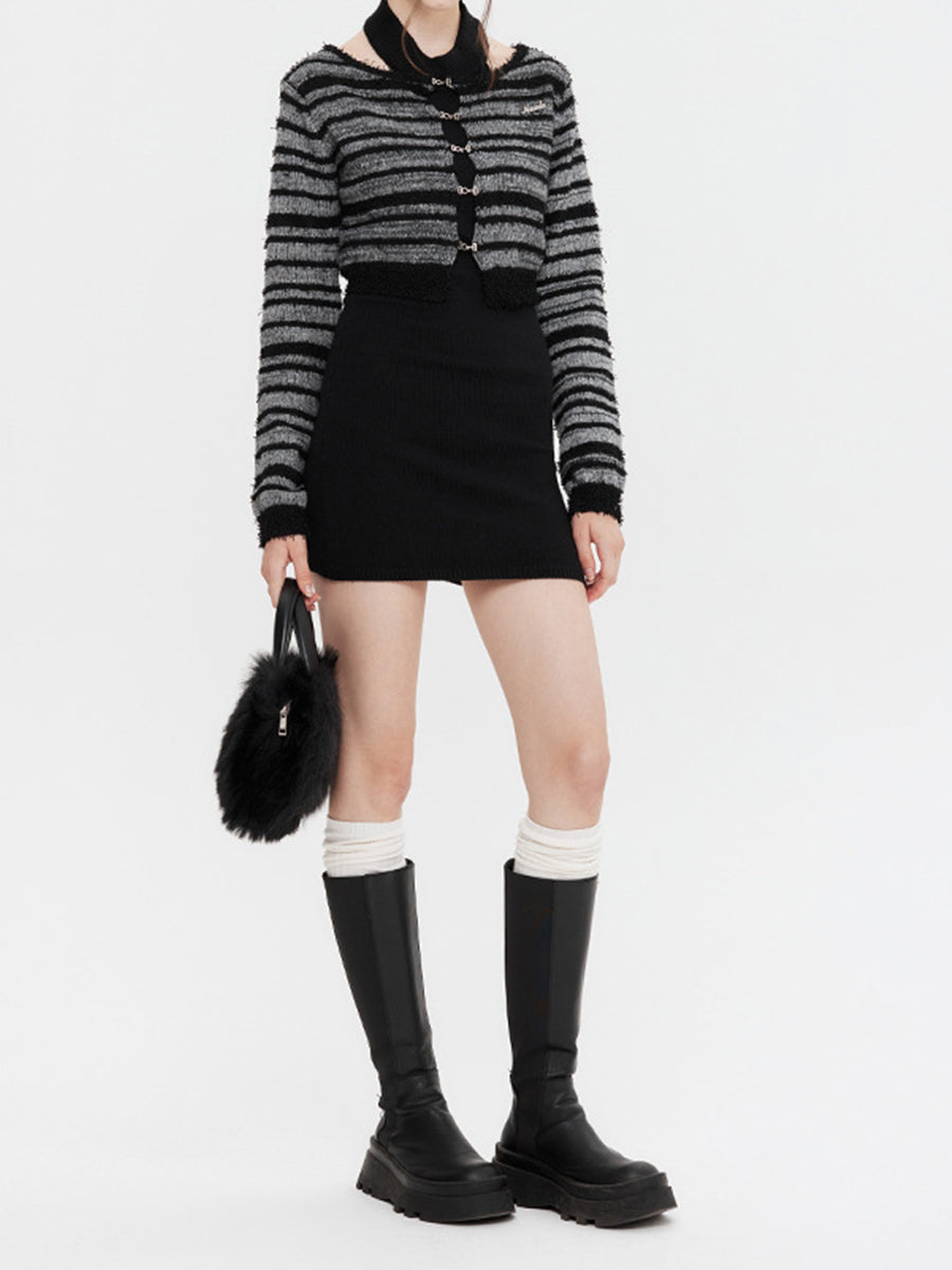 Black Sleeveless Dress Slim Striped Long Sleeve Cardigan Short Sweater Two Piece Set