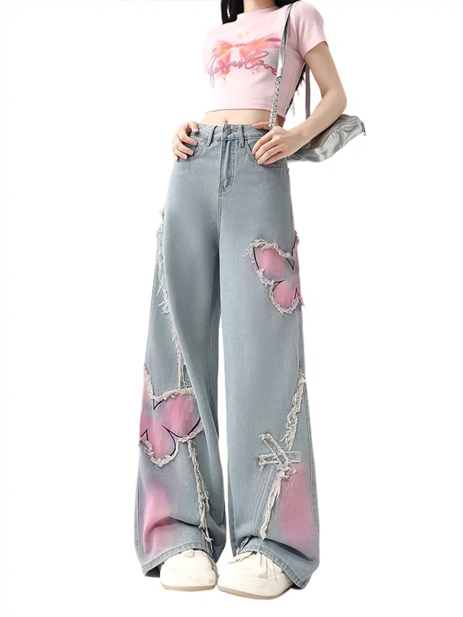 Butterfly Patchwork Loose Frayed Hem Jeans