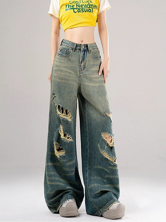 High Waisted Loose Distressed Ripped Denim Jeans