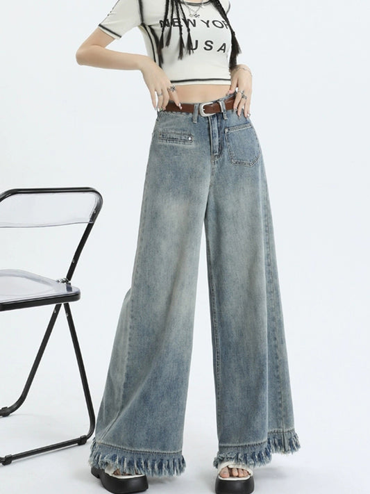 Solid Color Denim Wide Leg Jeans Pants