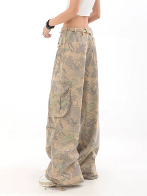 Camouflage Wide-Leg Cargo Drawstring Casual Pants