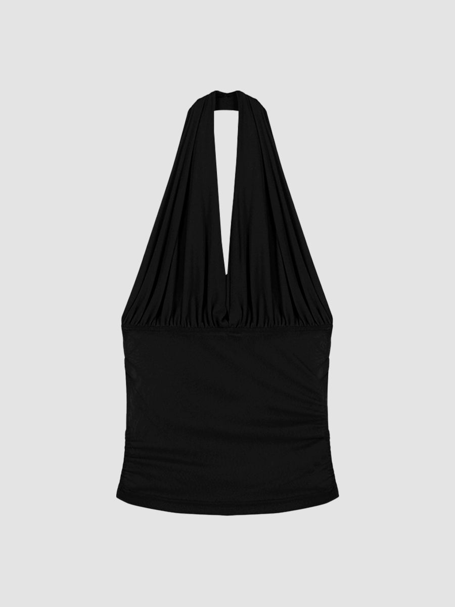 Solid Color Sleeveless Mesh Halter Top