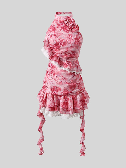 Pink Floral Backless Halter Dress