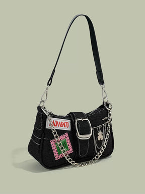 Chain Denim Baguette Handbag