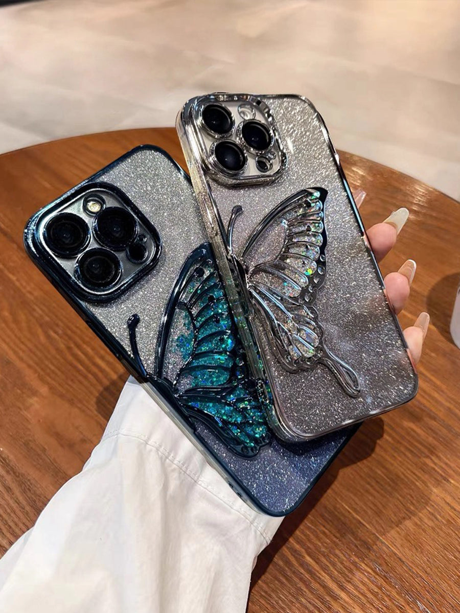 Skeletonized 3D Plating Colorful Butterfly Couple Phone Case