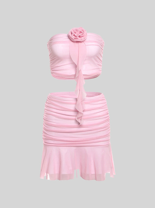 Solid Color Floral Embellished Sleeveless Top + Pink Skirt Two Piece Set