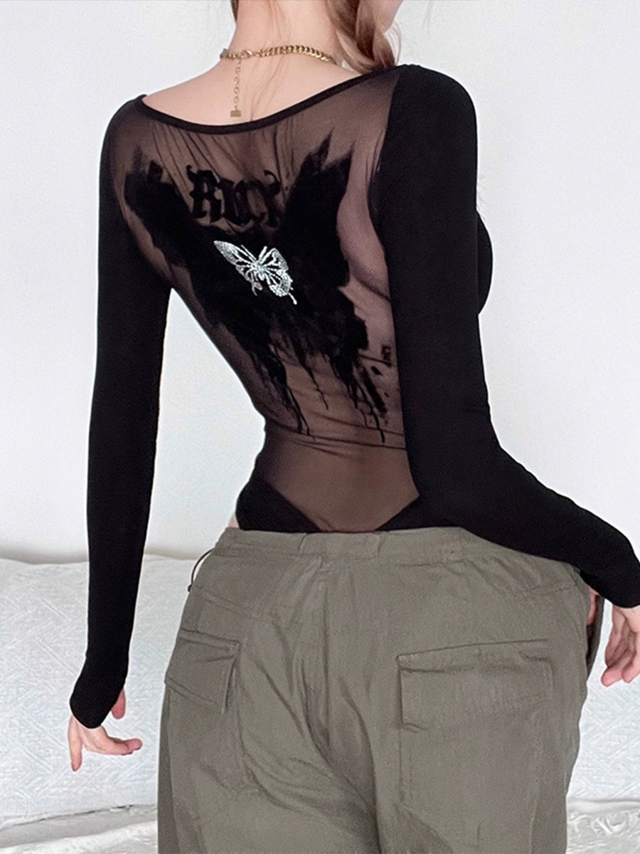 V-Neck Long Sleeve Black One Piece Top Bodysuit