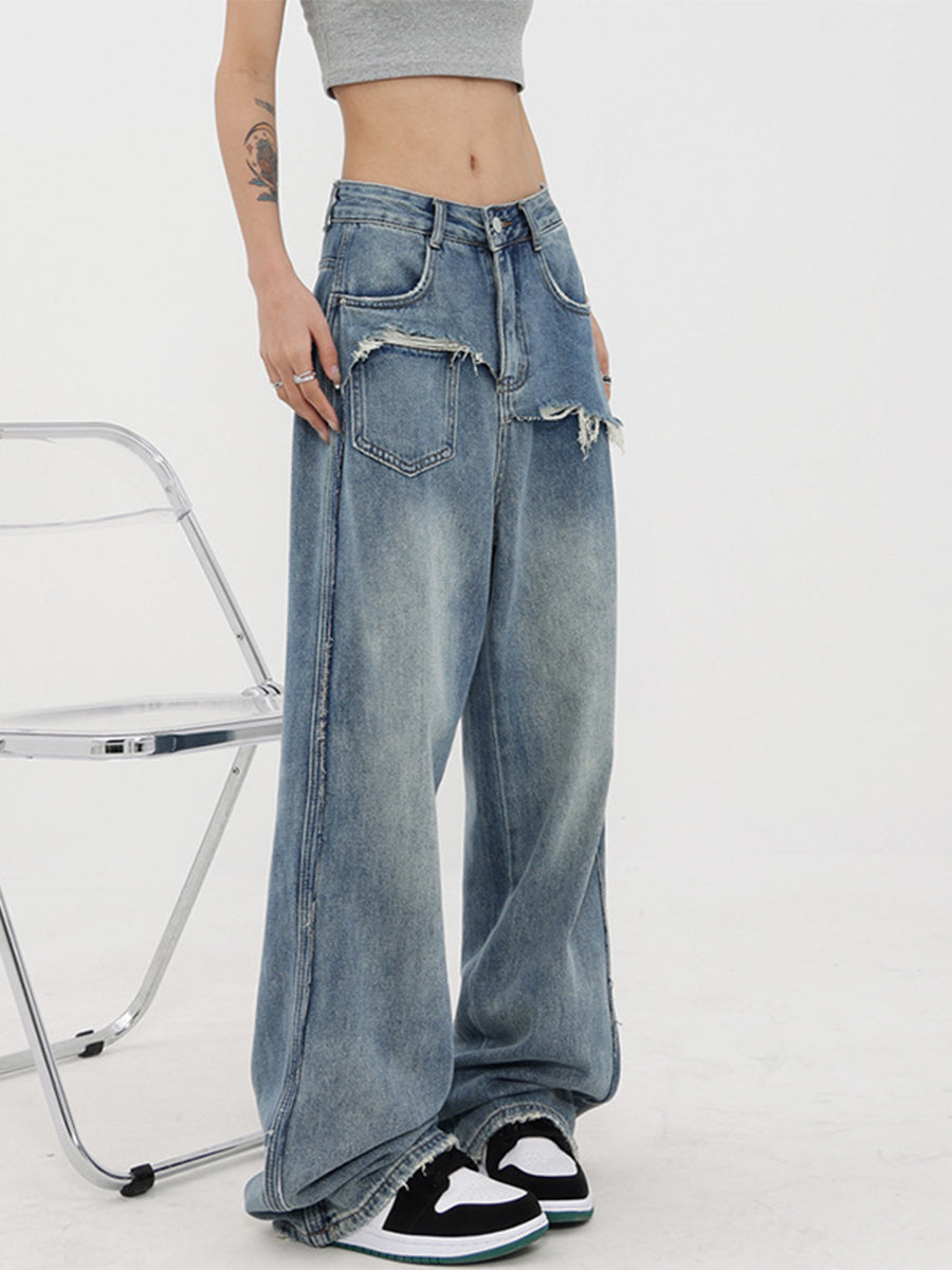 Vintage Design Loose Low Rise Straight Leg Blue Denim Jeans