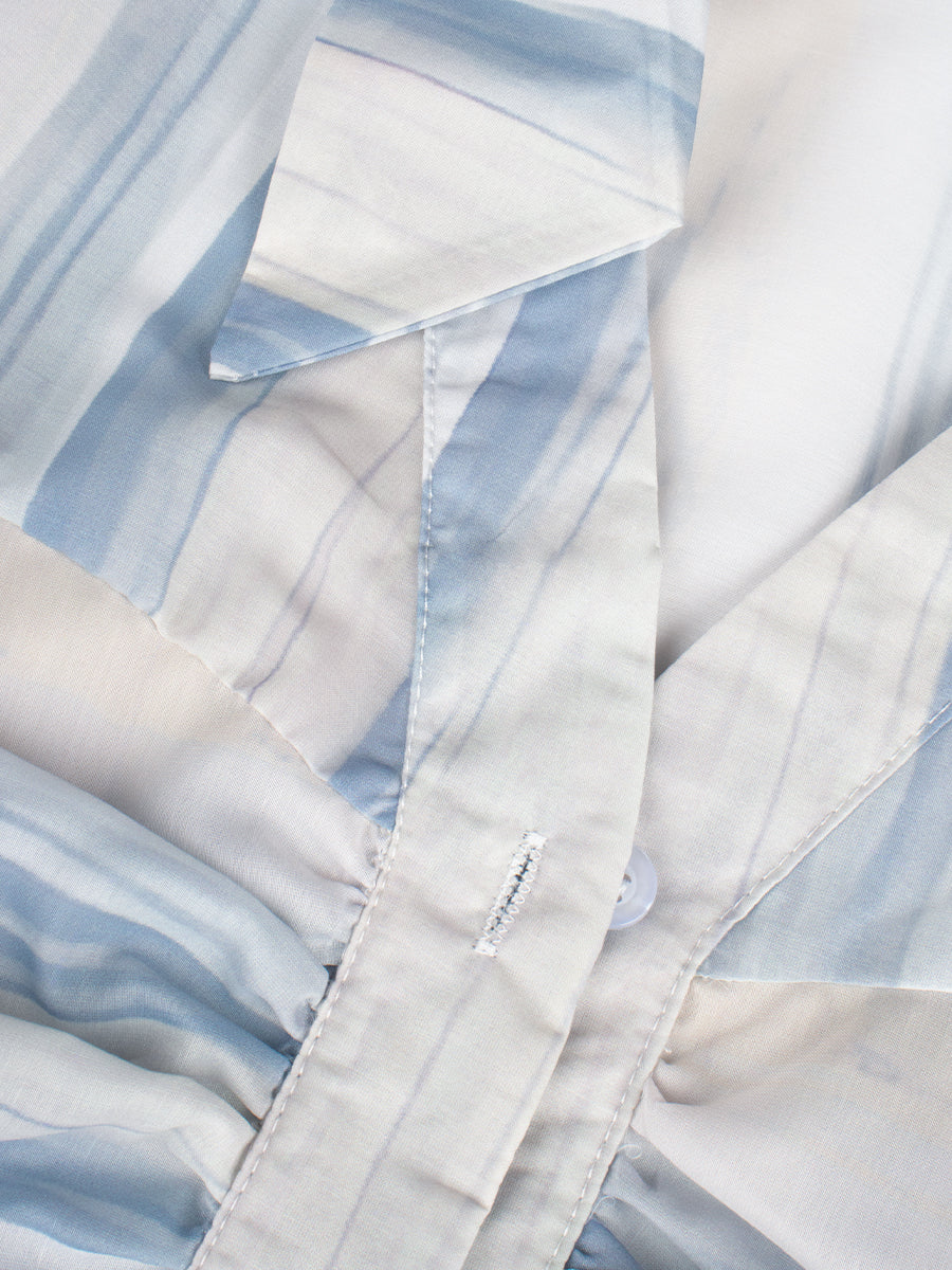 Blue Bubble Sleeve Plaid Shirt Top + Skirt Set