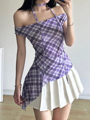 Purple Plaid Strapless Irregular Top