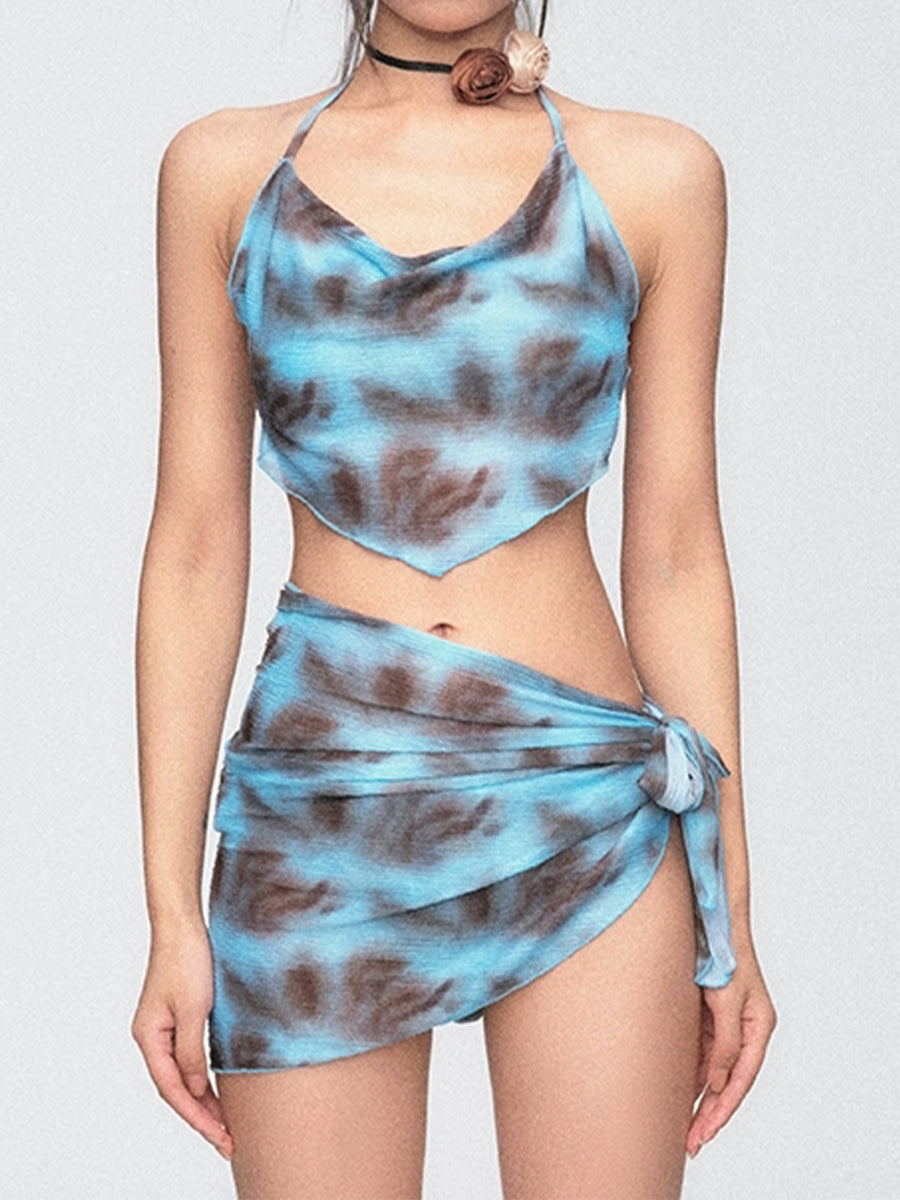 Blue Leopard Print Four Piece Swimsuit Bikini Set String Bikini Swimwear