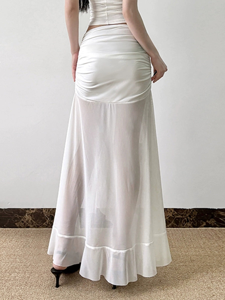 Irregular Ruffle Flutter Mesh Midi Skirt