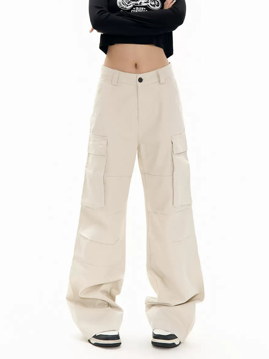 Solid Color Casual High Waist Loose Cargo Pants