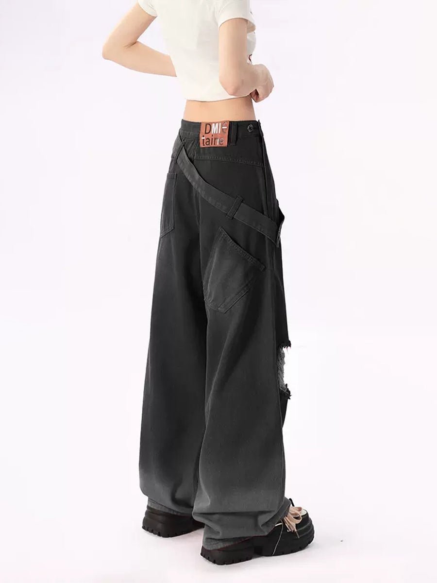 Solid Color Loose Fit Side Zipper Jeans