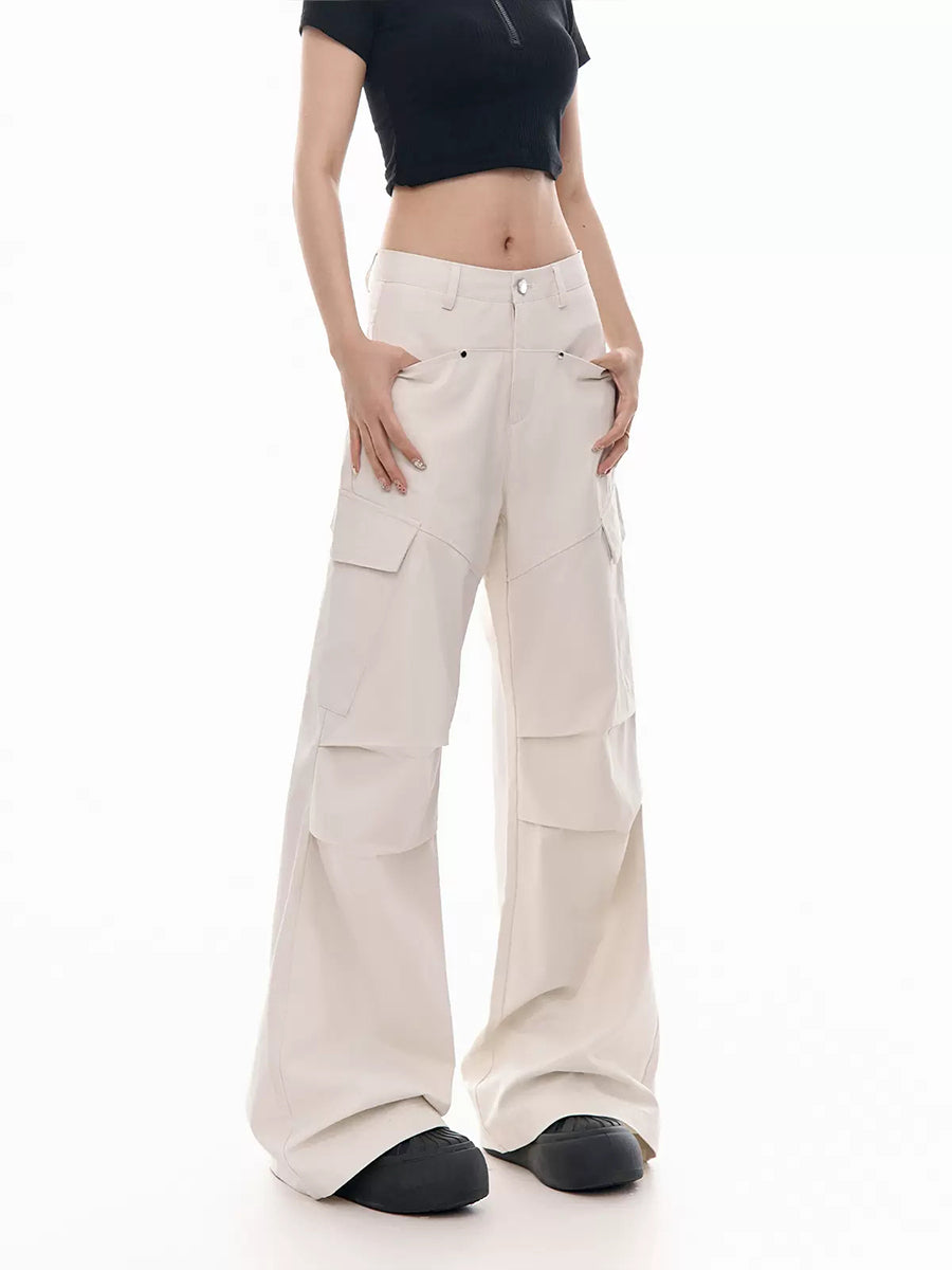 Solid Color Loose Casual Wide Leg Cargo Pants