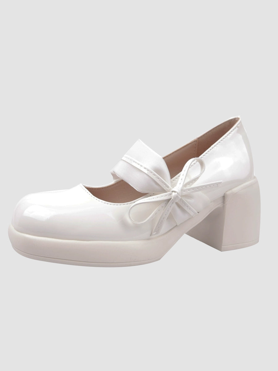 Ribbon-tie Mary Jane Pumps in White