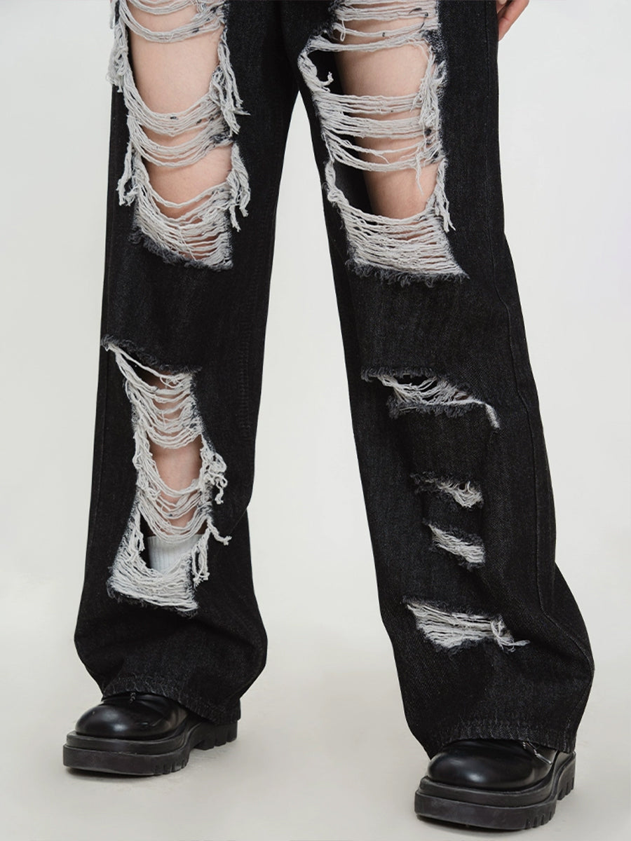 Black Ripped Straight Leg Casual Denim Jeans