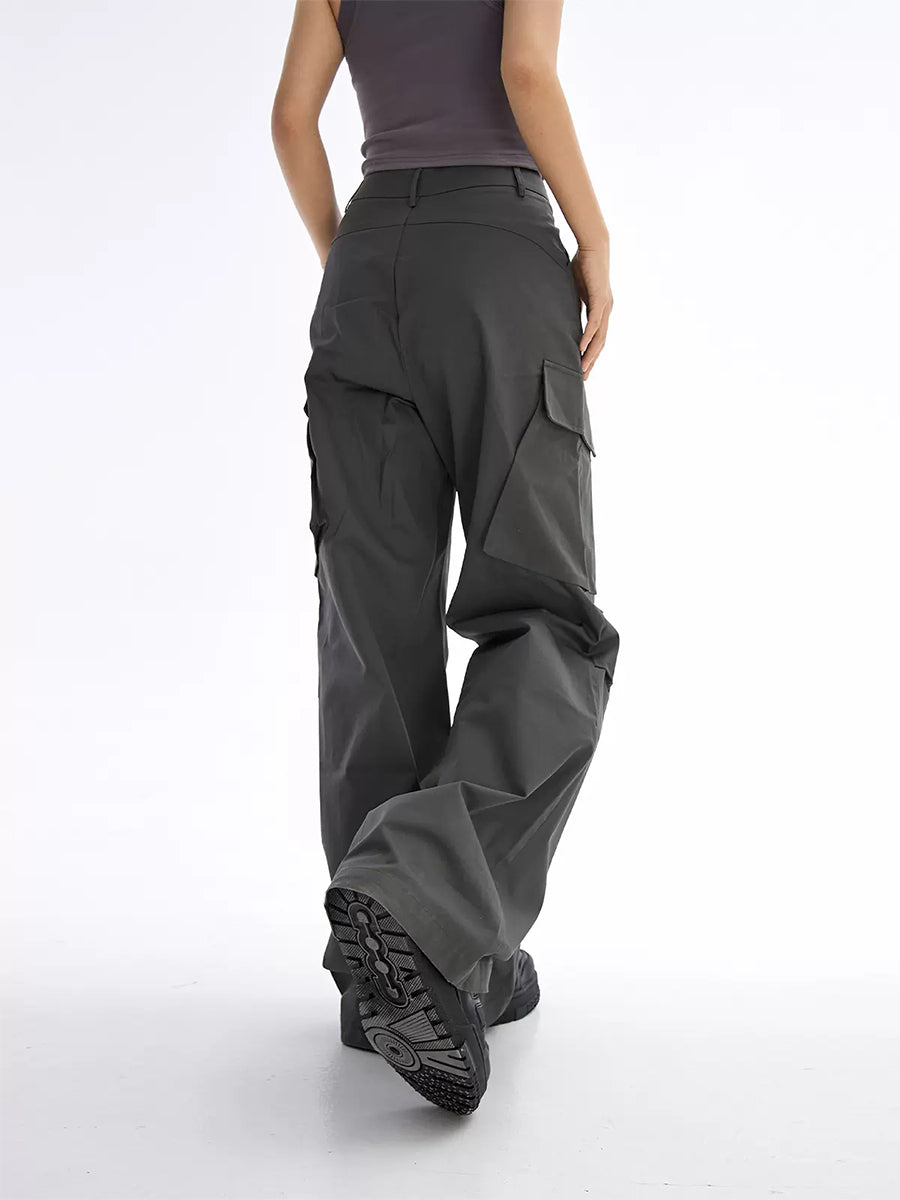 Dark Gray Straight Leg High Waist Casual Cargo Pants